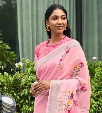 Pink printed linen saree with blouse 2
