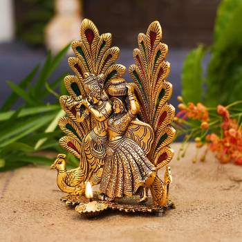 BK Creation Peacock Design Radha Krishna Idol Showpiece with Diya  (8 x 6 Inches), Metal, Gold (1 Piece) 1