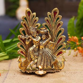 BK Creation Peacock Design Radha Krishna Idol Showpiece with Diya  (8 x 6 Inches), Metal, Gold (1 Piece) 2