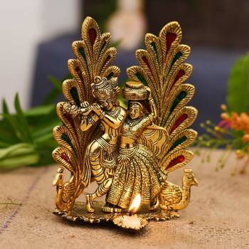 BK Creation Peacock Design Radha Krishna Idol Showpiece with Diya  (8 x 6 Inches), Metal, Gold (1 Piece) 4