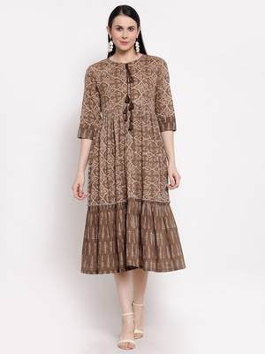 Brown printed cotton ethnic-kurtis 1