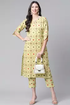 Light-green printed cotton ethnic-kurtis