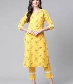 Yellow printed cotton ethnic-kurtis
