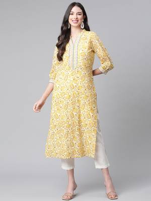 Yellow printed cotton ethnic-kurtis 1