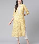 Yellow printed cotton ethnic-kurtis