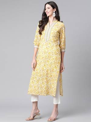 Yellow printed cotton ethnic-kurtis 4