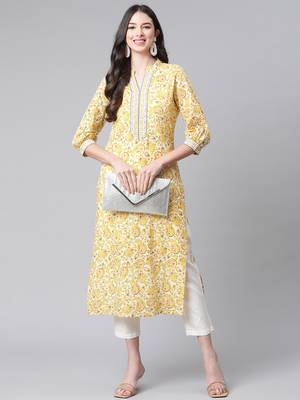 Yellow printed cotton ethnic-kurtis 5