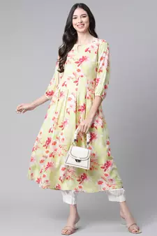Light-green printed rayon ethnic-kurtis