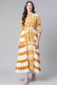 Mustard printed rayon ethnic-kurtis