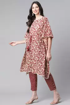 Maroon printed cotton ethnic-kurtis