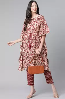 Maroon printed cotton ethnic-kurtis