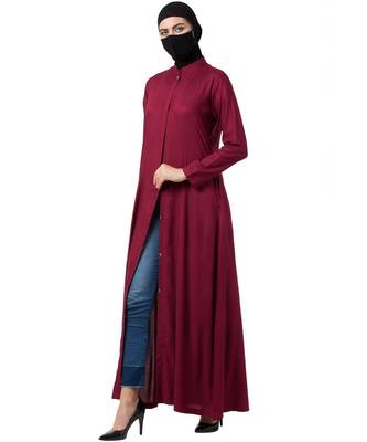 Maroon Rayon Plain Front-Open Abaya 8