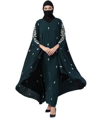 Bottle Green Irani Kaftan Abaya With Floral Zari Work 2