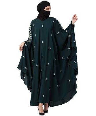 Bottle Green Irani Kaftan Abaya With Floral Zari Work 3