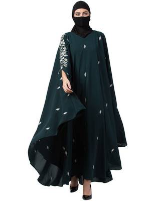 Bottle Green Irani Kaftan Abaya With Floral Zari Work 4