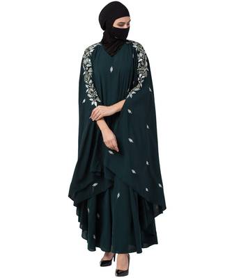 Bottle Green Irani Kaftan Abaya With Floral Zari Work 5
