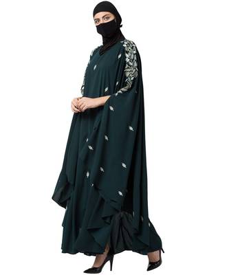 Bottle Green Irani Kaftan Abaya With Floral Zari Work 6