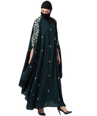 Bottle Green Irani Kaftan Abaya With Floral Zari Work 7