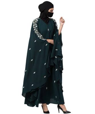 Bottle Green Irani Kaftan Abaya With Floral Zari Work 8
