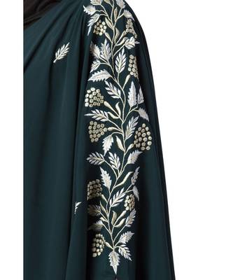 Bottle Green Irani Kaftan Abaya With Floral Zari Work 10
