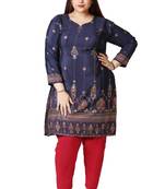 Dark Blue Printed Silk Crepe Plus size Kurits tops with Long Sleeve