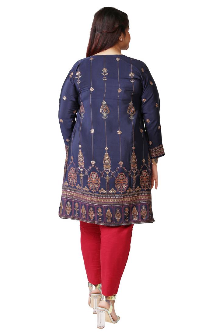 Dark Blue Printed Silk Crepe Plus size Kurits tops with Long Sleeve
