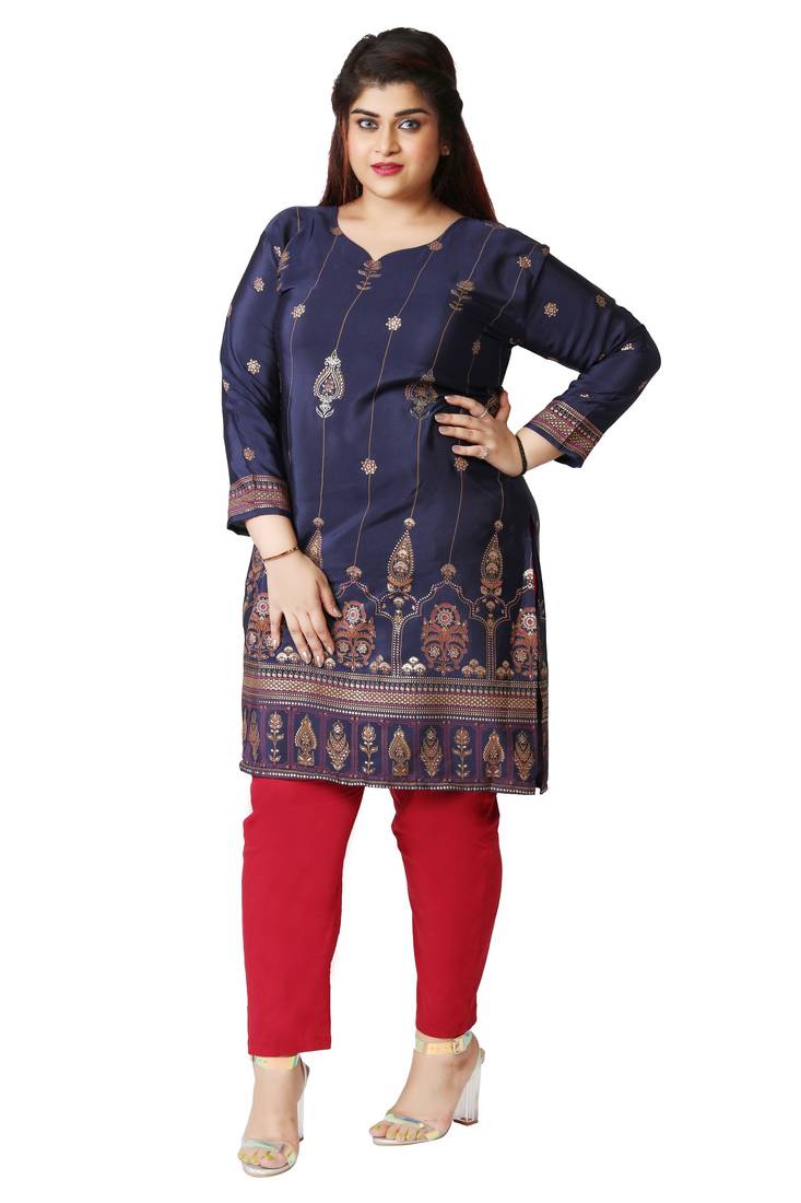 Dark Blue Printed Silk Crepe Plus size Kurits tops with Long Sleeve