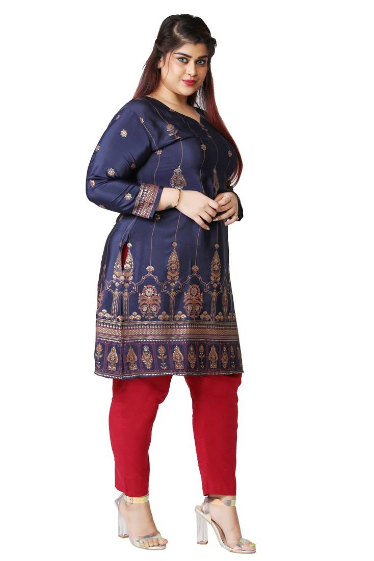 Dark Blue Printed Silk Crepe Plus size Kurits tops with Long Sleeve