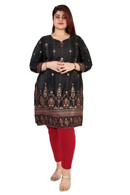Dark Black Printed Silk Crepe Plus size Kurits tops with Long Sleeve 1