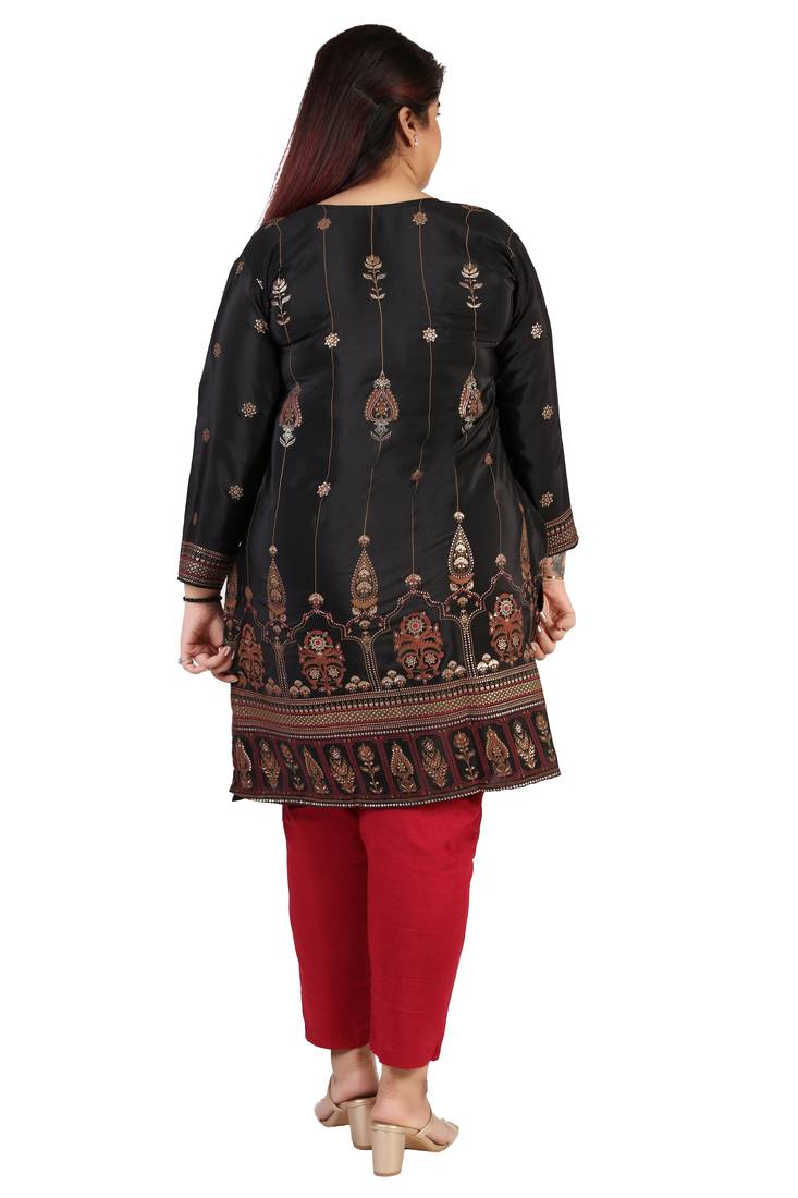 Dark Black Printed Silk Crepe Plus size Kurits tops with Long Sleeve