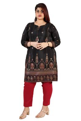 Dark Black Printed Silk Crepe Plus size Kurits tops with Long Sleeve 3
