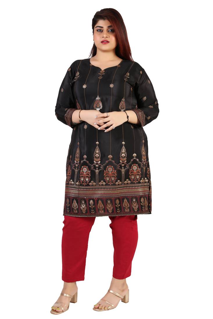 Dark Black Printed Silk Crepe Plus size Kurits tops with Long Sleeve
