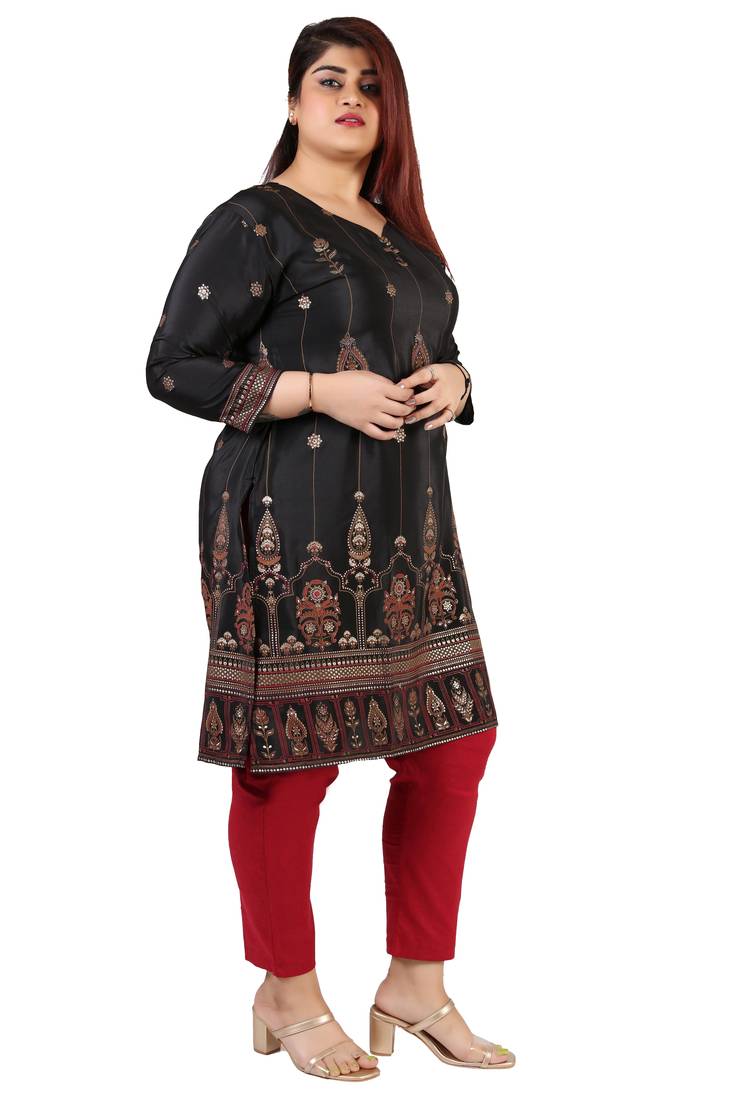 Dark Black Printed Silk Crepe Plus size Kurits tops with Long Sleeve