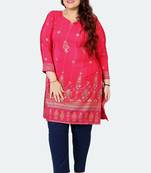 Dark Pink Printed Silk Crepe Plus size Kurits tops with Long Sleeve