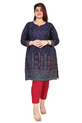Dark Blue Printed Silk Crepe Plus size Kurits tops with Long Sleeve 1