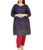 Dark Blue Printed Silk Crepe Plus size Kurits tops with Long Sleeve