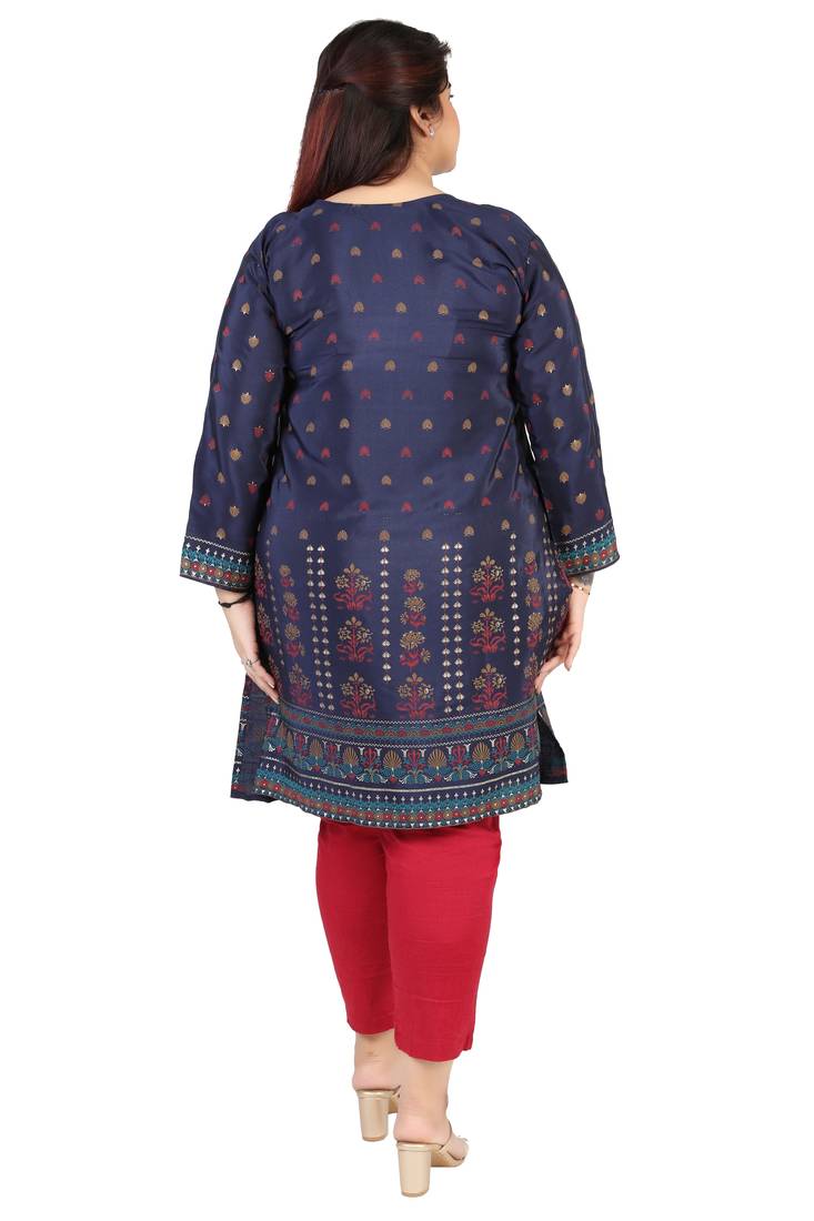 Dark Blue Printed Silk Crepe Plus size Kurits tops with Long Sleeve