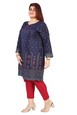 Dark Blue Printed Silk Crepe Plus size Kurits tops with Long Sleeve 3