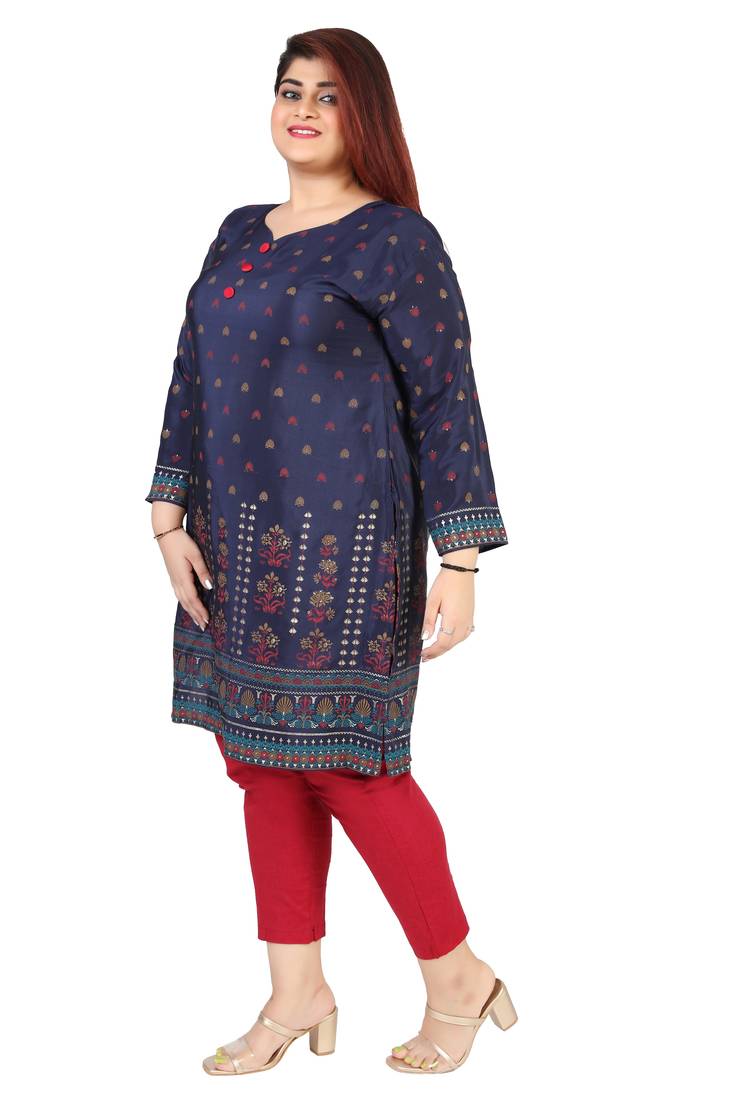 Dark Blue Printed Silk Crepe Plus size Kurits tops with Long Sleeve