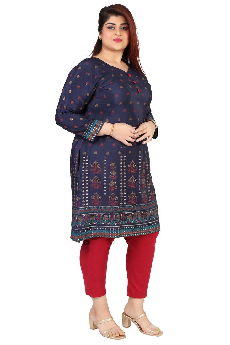 Dark Blue Printed Silk Crepe Plus size Kurits tops with Long Sleeve