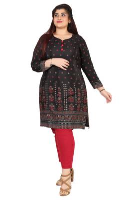 Dark Black Printed Silk Crepe Plus size Kurits tops with Long Sleeve 1