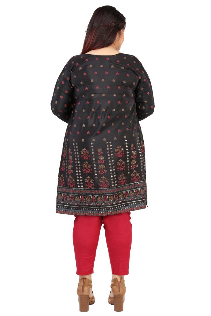 Dark Black Printed Silk Crepe Plus size Kurits tops with Long Sleeve