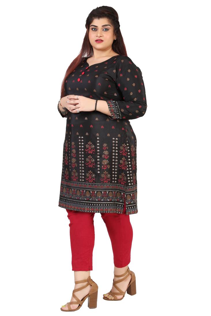 Dark Black Printed Silk Crepe Plus size Kurits tops with Long Sleeve