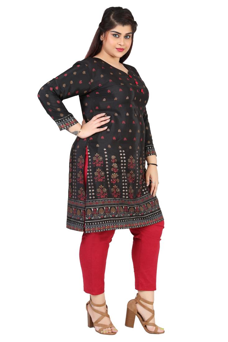 Dark Black Printed Silk Crepe Plus size Kurits tops with Long Sleeve