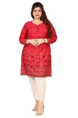 Maroon Printed Silk Crepe Plus size Kurits tops with Long Sleeve 1