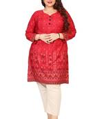 Maroon Printed Silk Crepe Plus size Kurits tops with Long Sleeve