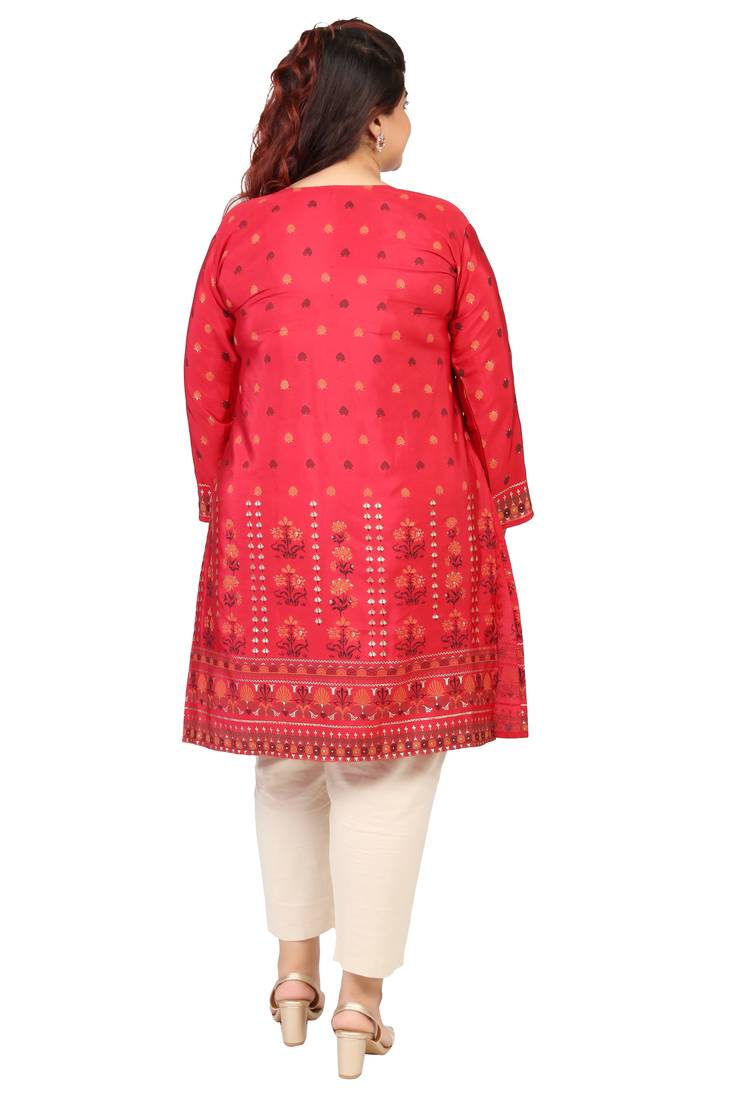 Maroon Printed Silk Crepe Plus size Kurits tops with Long Sleeve