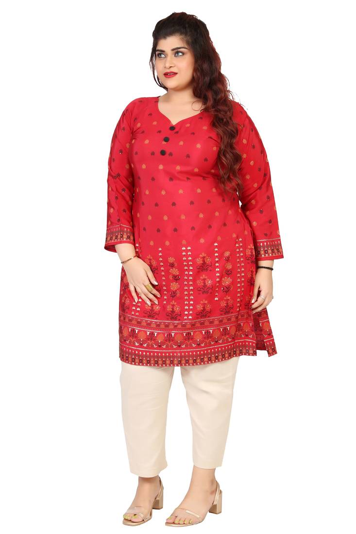 Maroon Printed Silk Crepe Plus size Kurits tops with Long Sleeve