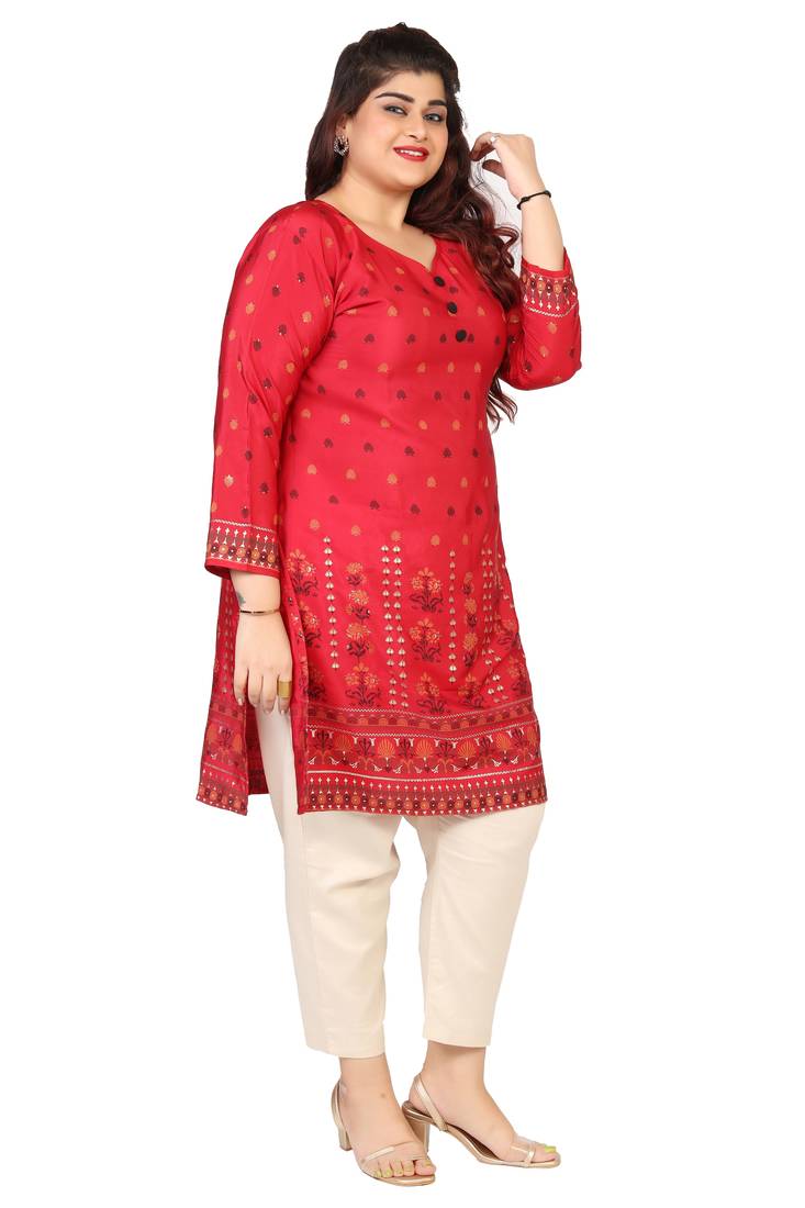 Maroon Printed Silk Crepe Plus size Kurits tops with Long Sleeve