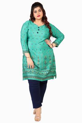 Cyan Green Printed Silk Crepe Plus size Kurits tops with Long Sleeve 1